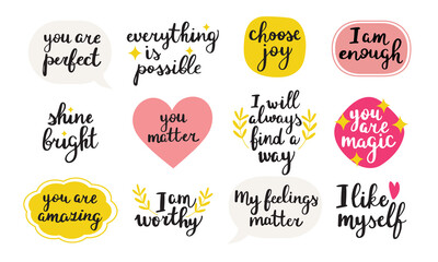 Set with 12 different self worth phrases. Encouraging affirmations. Hand written isolated vector illustrations