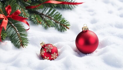 Obraz premium Bright Christmas Holidays background with Xmas ornament on snow