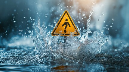 Water splash with warning sign symbolizing urgent emergency plumbing issues.
