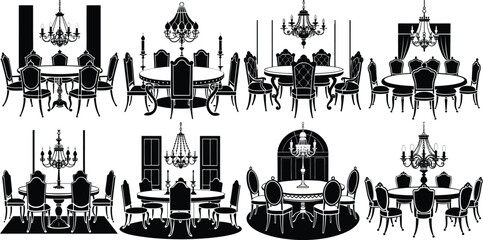 Obraz premium A Bundle of Beautiful Dining Room with chandelier in mansion silhouette illustration.