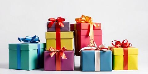 Obraz premium Colorful Gift Boxes Stacked Against a White Background