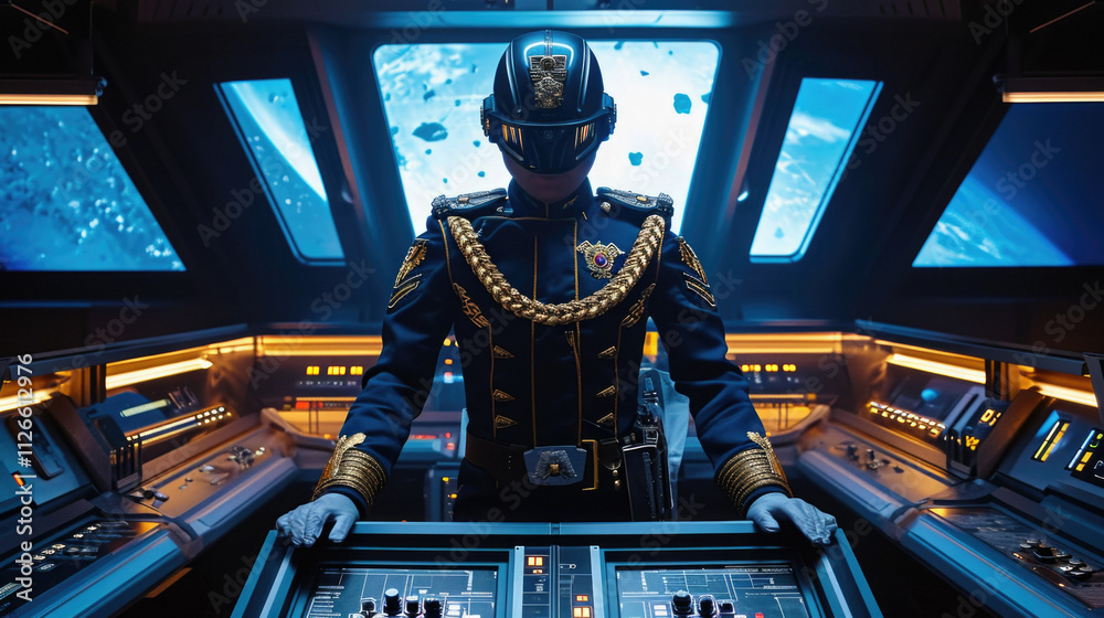 Wall mural futuristic military officer in command bridge of spaceship. science fiction concept showing uniforme