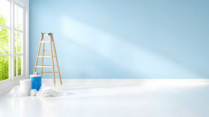 Clear out a room in your house or apartment after renovations. The interior features large windows, freshly painted white walls, a paint can, a step ladder, and protective plastic on the floor.