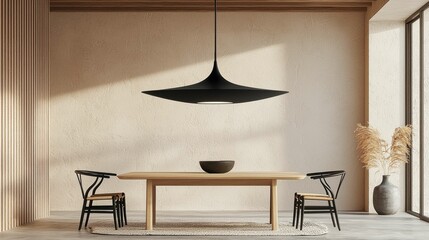 A modern dining area showcasing a sleek black pendant light, wooden table, and chairs, emphasizing minimalistic style and neutral colors.