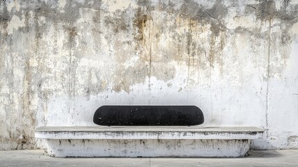 Black skateboard on weathered concrete bench against a grunge wall.