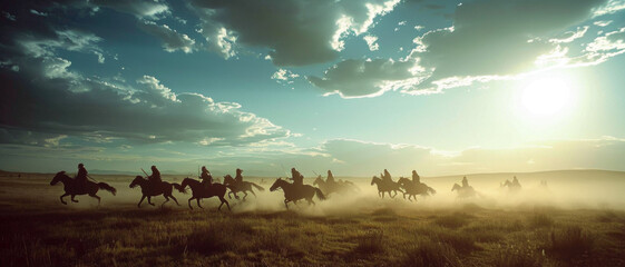 Silhouette of horseback riders galloping across dusty plains at sunset. Dramatic western scene with group of cowboys riding in golden light creating atmospheric landscape. - obrazy, fototapety, plakaty