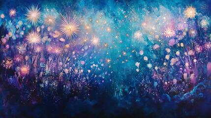 Fototapeta premium Vibrant starburst sparkles radiate against a backdrop of shimmering blues and purples, creating a dazzling display that evokes an ethereal and enchanting atmosphere. 