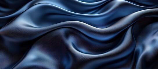 Fototapeta premium Black abstract background with smooth, wavy lines of satin cloth. 