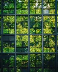 Reflecting greenery, a corporate glass building symbolizes ESG principles, advocating sustainability integration into business practices