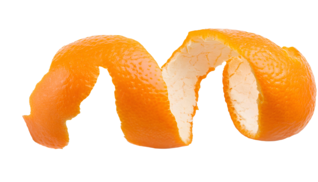 Spiral shaped fresh orange peel isolated on transparent background, perfect for composting or zesting