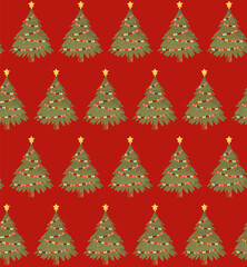 christmas tree seamless pattern isolated  on red  background  in flat stile. Vector illustration