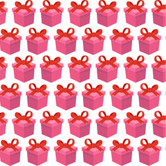 A colorful, seamless pattern featuring vibrant pink gift boxes with red bows, perfect for festive designs and celebrations.