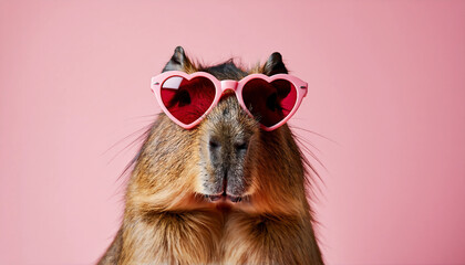 Obraz premium capybara wearing heart-shaped pink sunglasses on an isolated pastel pink background, a funny animal 