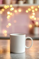A plain white blank coffee cup on a kitchen counter with pastel color tiles and bokeh lights in the background