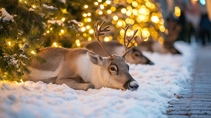 A deer is laying in the snow next to a Christmas tree