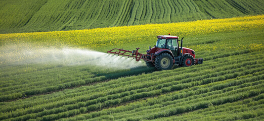 Red tractor spraying pesticides on green agricultural field with yellow rapeseed stripe. Modern farming machinery at work showcasing precision agriculture and crop protection technology.