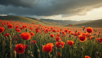 wallpapers A stunning view of a poppy field bathed in warm light, contrasting with dark storm clouds. Nature's beauty on display in full bloom. AI generated.