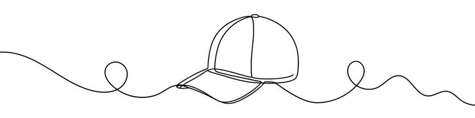 Continuous line drawing of baseball cap. One line drawing of a baseball cap. Vector illustration.