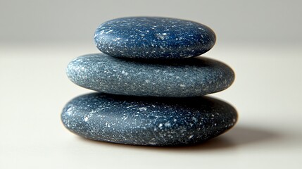Three smooth dark gray blue stones stacked on top of each other.

