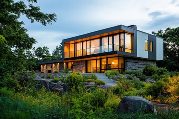 Obraz premium modern house with large windows surrounded by greenery