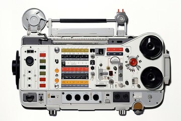 Fototapeta premium Vintage 35mm camera on white background with lens and reflection on the surface below the camera 