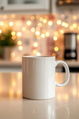 A plain white blank coffee cup on a kitchen counter with pastel color tiles and bokeh lights in the background