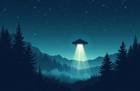 science fiction poster, aliens abduction, conspiracy theory, futuristic space travel. illustration of UFO hovering over mysterious, foggy forest under star-filled night sky. first contact, encounter