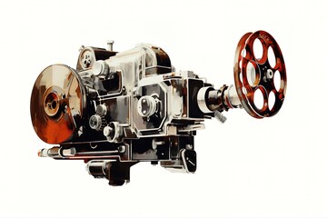 Obraz premium Vintage 35mm camera on white background with lens and reflection on the surface below the camera 