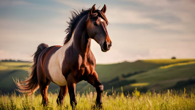 Amazing horse standing on the hill on a sunny day 