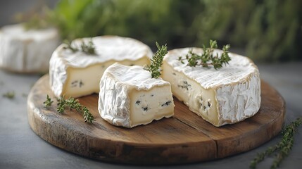 Creamy Cheese Rounds with Thyme Garnish on Wood