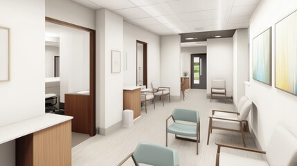 Modern doctor's office interior with a clean and professional design, featuring exam rooms, waiting areas with white walls, contemporary furniture, and wood accents.