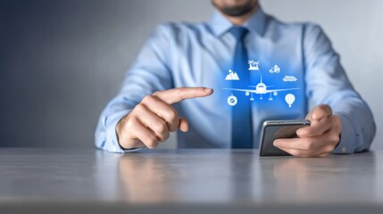 Businessman in blue shirt and tie using phone with travel icon at table, depicts flight cancellation, airport delays, and travel disruptions