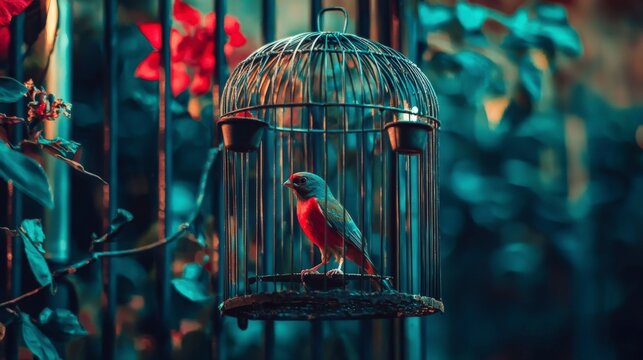 Caged bird with perches and feeding cups enchanted garden nature photography vibrant colors close-up serenity