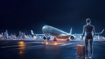 Digital image of businessperson with luggage in an airport beside an airplane, represents travel disruptions, flight cancellation, and airport delays