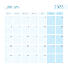 2025 January wall planner in blue pastel color, week starts on Monday.