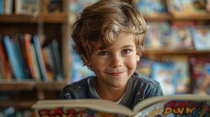 A charming, young boy with a messy, mop of hair, reading a comic book, with a big grin