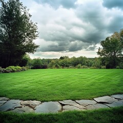 lush green lawn with stone pathway under cloudy sky