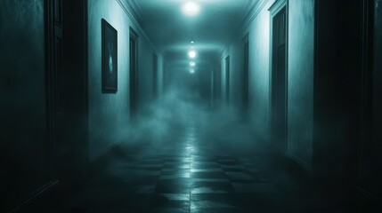 Scary dark misty corridor featuring an ominous atmosphere with limited visibility Perfect for horrorthemed designs or creating suspenseful settings