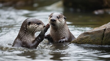 Two playful otters interact in a river