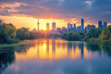 Obraz premium beautiful sunset over city skyline reflecting on water