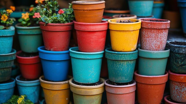 Showcasing vibrant stacked plant pots urban gardening trends & colorful outdoor decor in stunning photo collection