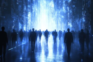 Obraz premium Crowd Walking Towards Bright Future in Futuristic City