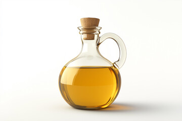 A bottle of light brown oil with a glass handle and wooden stopper, against a white background.
