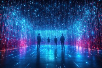 Obraz premium Silhouettes of People Gazing at a Futuristic Data Stream