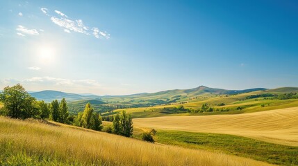 Fototapeta premium Quiet countryside landscape with rolling hills, golden fields, and a clear blue sky