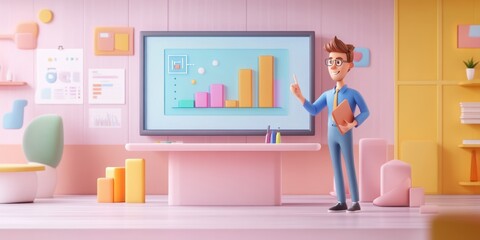 3D Cartoon Businessman Presenting Data on a Large Screen in a Modern Pink Office