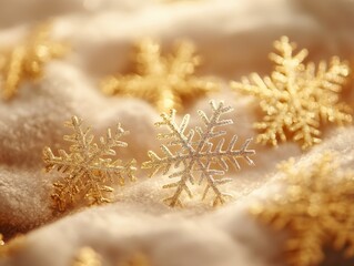 beautiful golden snowflakes on soft fabric