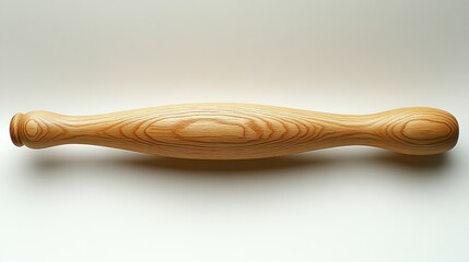 A light brown wooden rolling pin smooth and long with a slightly curved shape.

