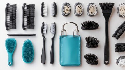 Fototapeta premium Grooming essentials for pets brushes and nail clippers home setting product display organized viewpoint pet care concept