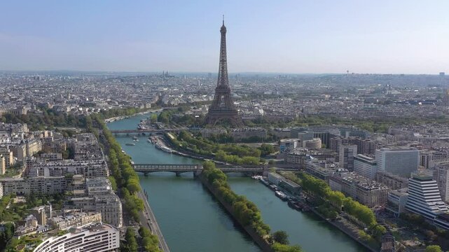 PARIS, FRANCE - OCTOBER 3, 2024: Stunning aerial view of the Eiffel Tower and Seine River showcasing the beauty of the cityscape